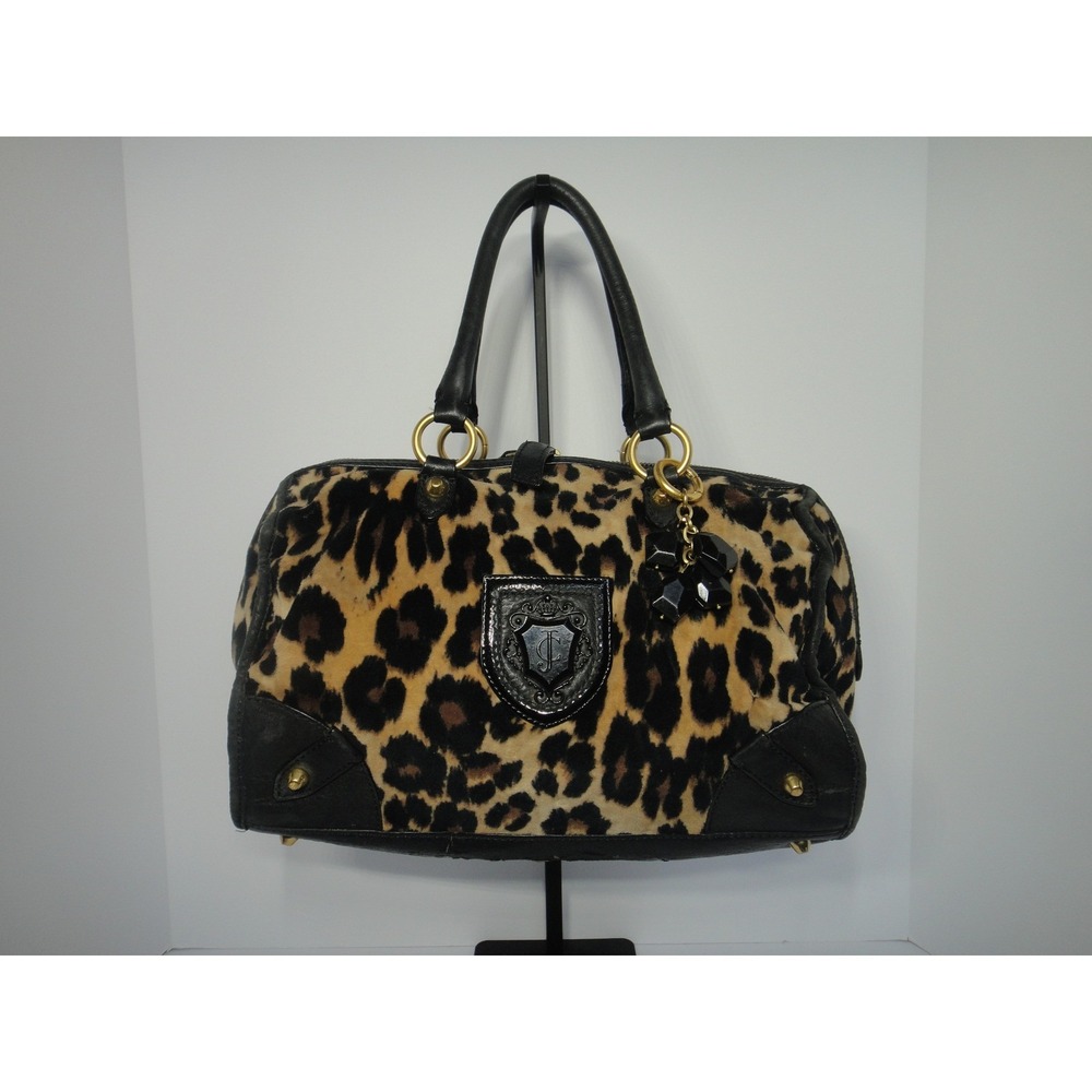 Juicy Couture 2012 Steffy Leopard Print Velour Satchel Bag Black Crest Charm